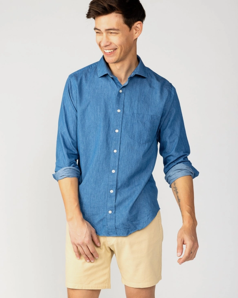 Bleach Wash Denim Spread Collar