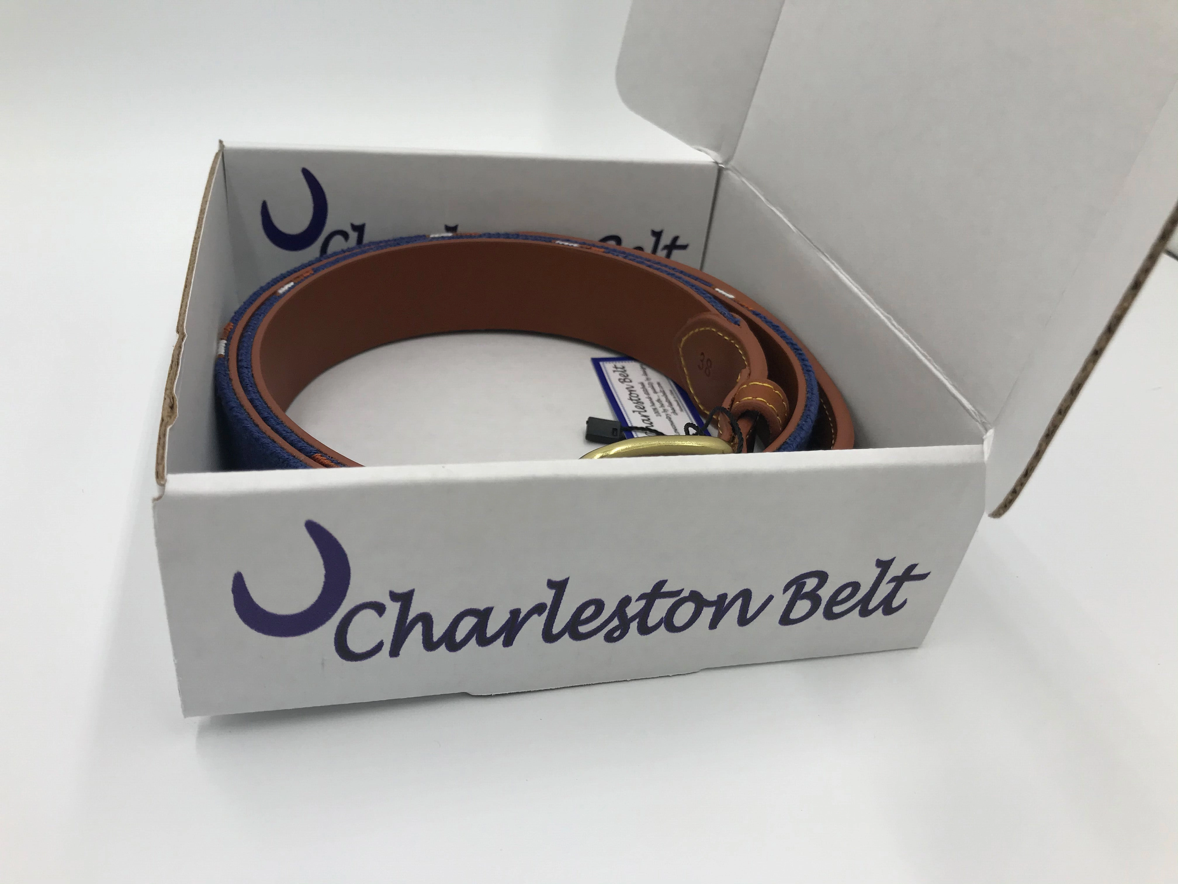 Charleston Belt Yellow Dog Fishing Ocean Blue and Tan Needlepoint - Boys
