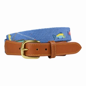 Charleston Belt Yellow Dog Fishing Ocean Blue and Tan Needlepoint - Boys