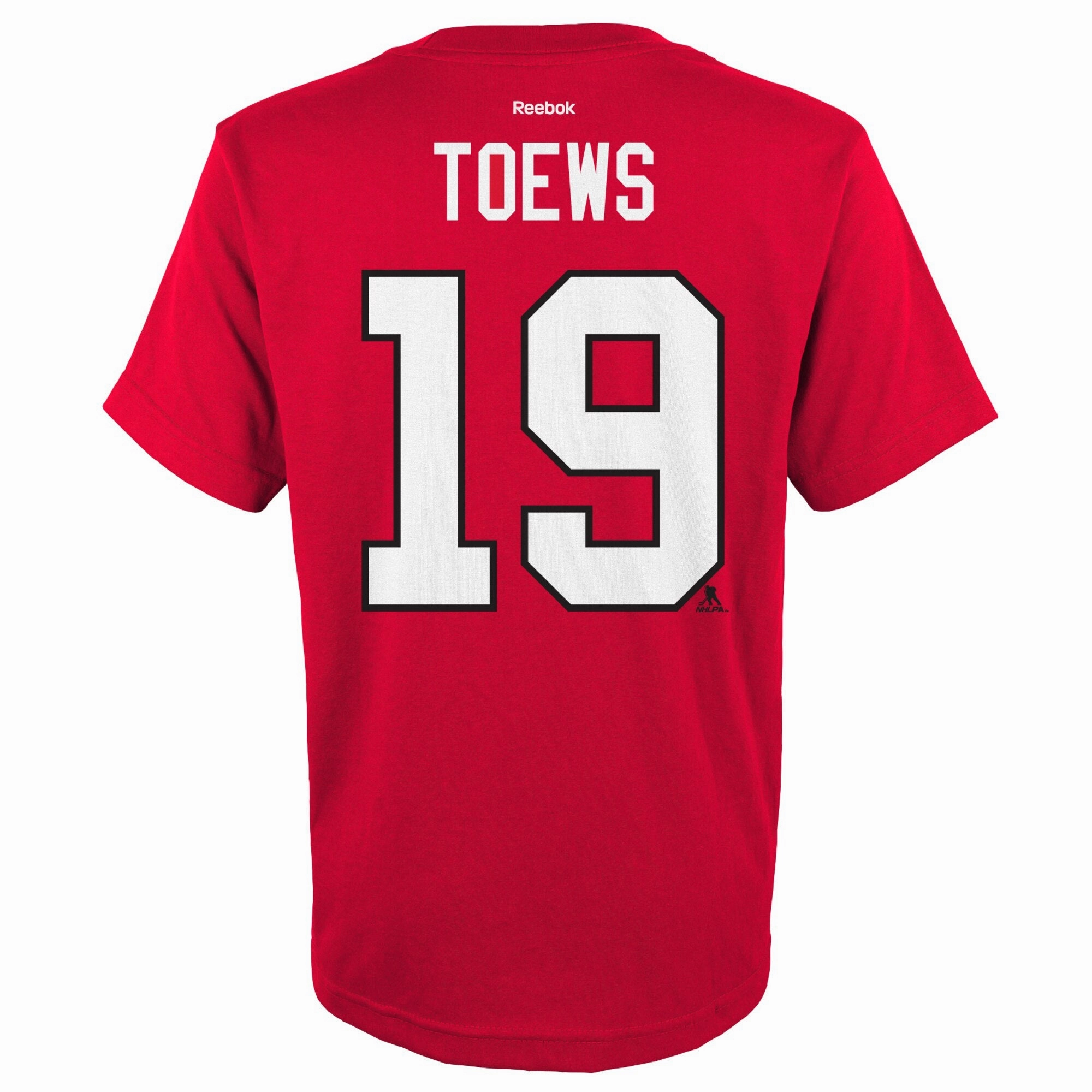 Men's Chicago Blackhawks Jonathan Toews Red Reebok 2015 Stanley Cup Champions Name & Number T-Shirt