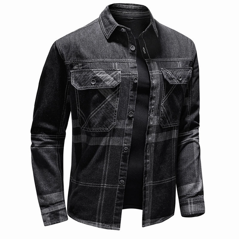 West Louis™ Denim Cowboy Plaid Jeans Outwear Shirt